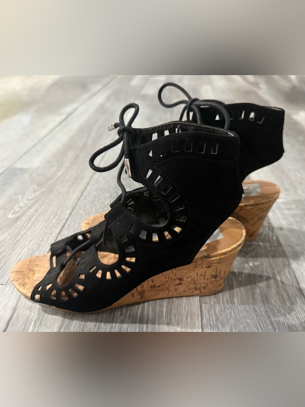Dolce Vita Black Cutout Lace-Up Cork Wedge Sandals